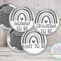 Grey Boho Rainbow Baby Shower Pin Button: Personalized Party Favor