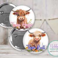 Highland Cow Gender Reveal Buttons: Team Heifer, Team Bull