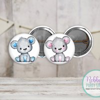 Grey Teddy Bear Mini Pin Buttons – Pink or Blue Party Favor Packs (1 inch)