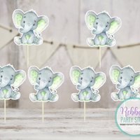 Elephant Theme - Set of 12 Green Elephant Baby Shower Cupcake Toppers