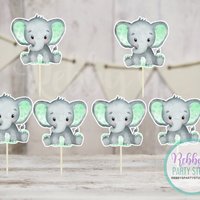 Boy Elephant Theme  - Set of 12 Green Elephant Baby Shower Cupcake Toppers