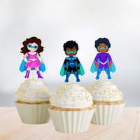 Set of 12 Superhero Cupcake Toppers, Multicultural Super Kids Party Decor