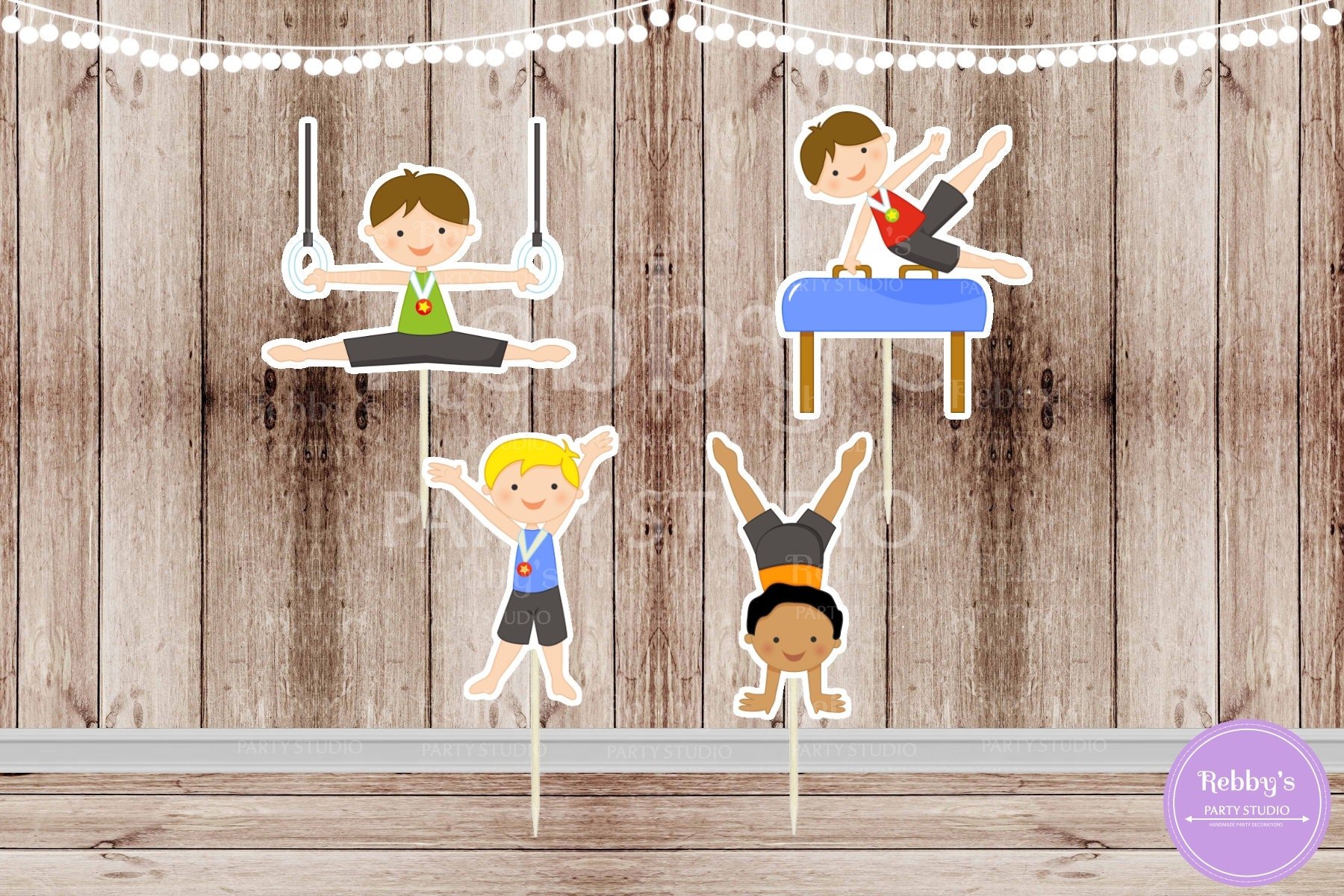 Boys Gymnastics Party - Set of 12  Assorted Boy Gymnast Cupcake Toppers