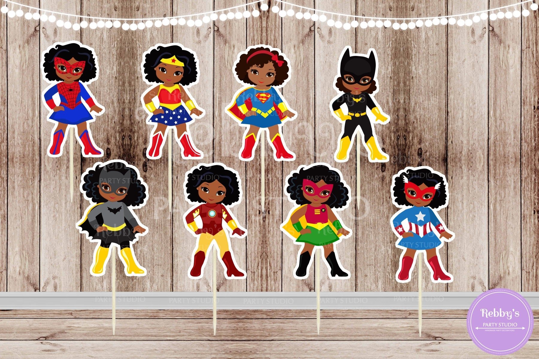 Superhero Girl Party - Set of 16 Assorted African American Superhero Girls Inspired Cupcake Toppers