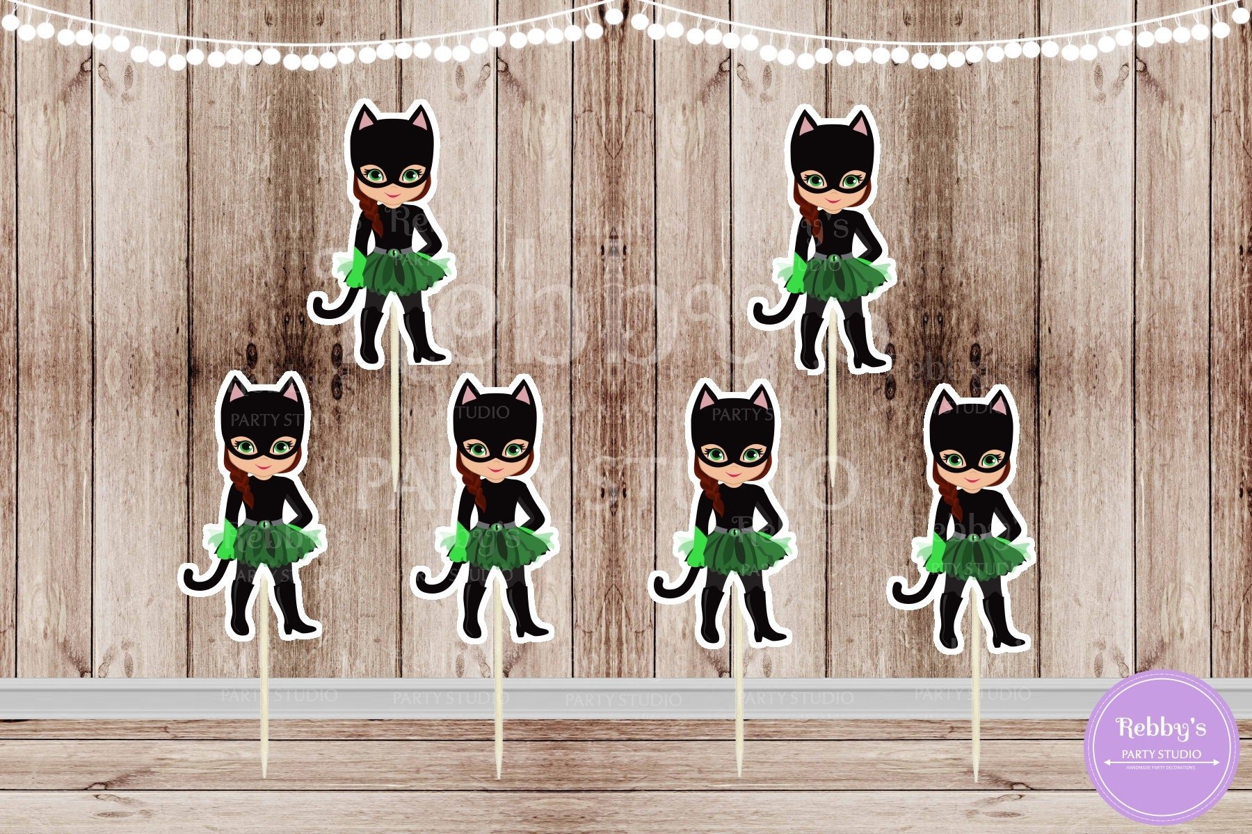Superhero Villain Girl Party - Set of 12 Green Tutu Cat Girl Inspired Cupcake Toppers