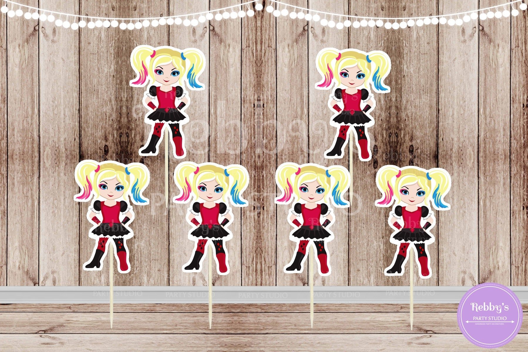 Superhero Villain Girl Party - Set of 12 Villain Clown Princess Inspired Cupcake Toppers