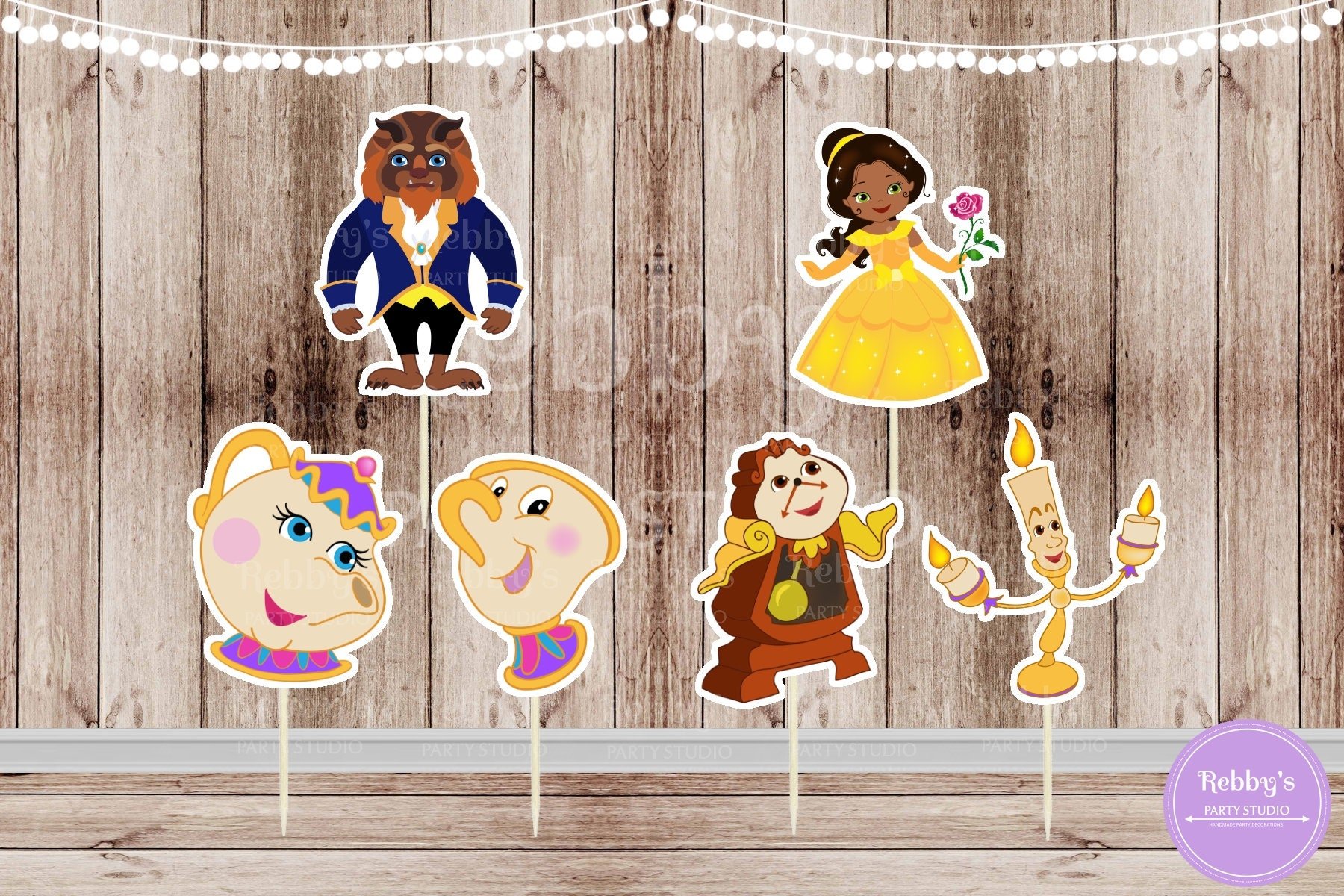 African American Princess Belle and the Beast Cupcake Toppers - Set of 12
