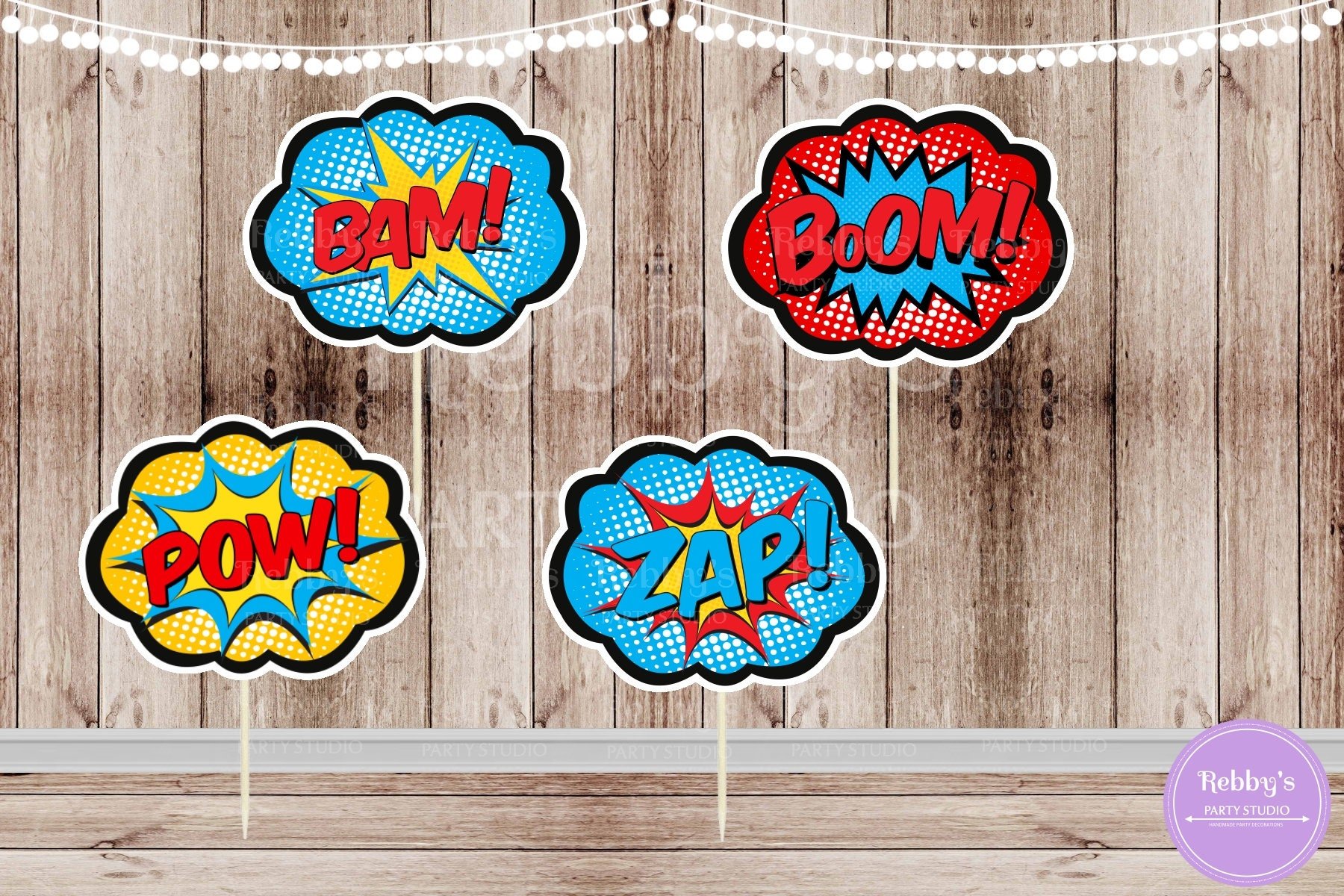 Superhero Pop Art Cupcake Toppers: Action Party Decorations - Set of 12
