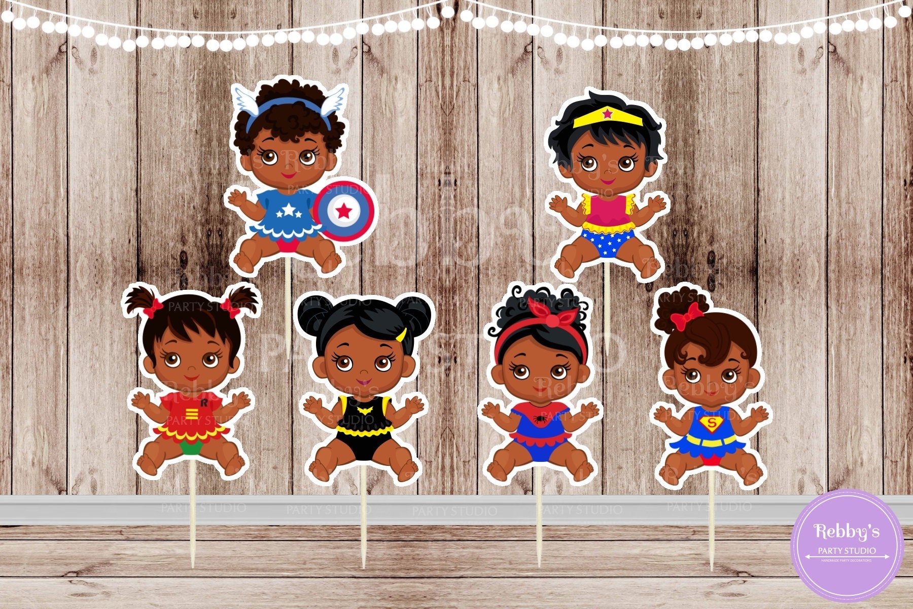 Superhero Baby Girl Cupcake Toppers - African American - Set of 12