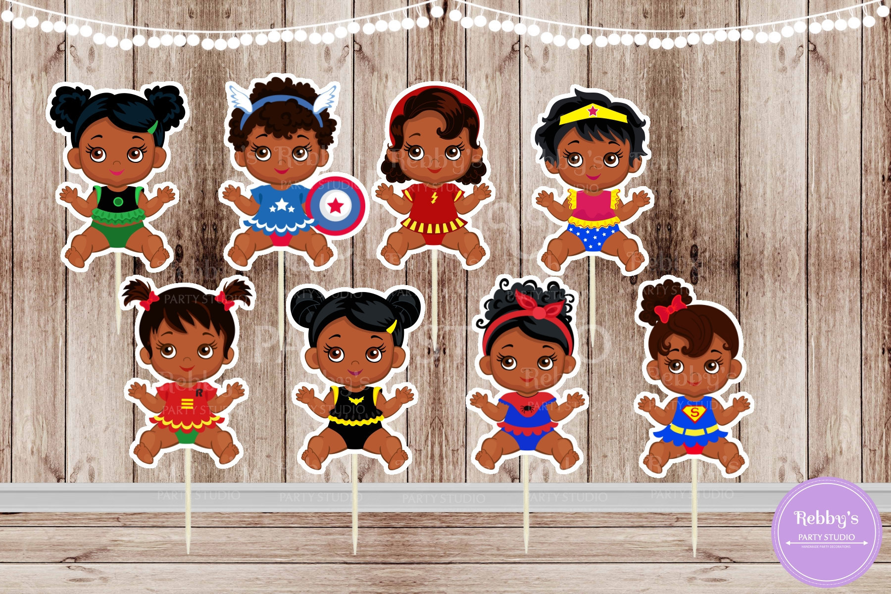 Superhero Baby Girl Cupcake Toppers - African American - Set of 16