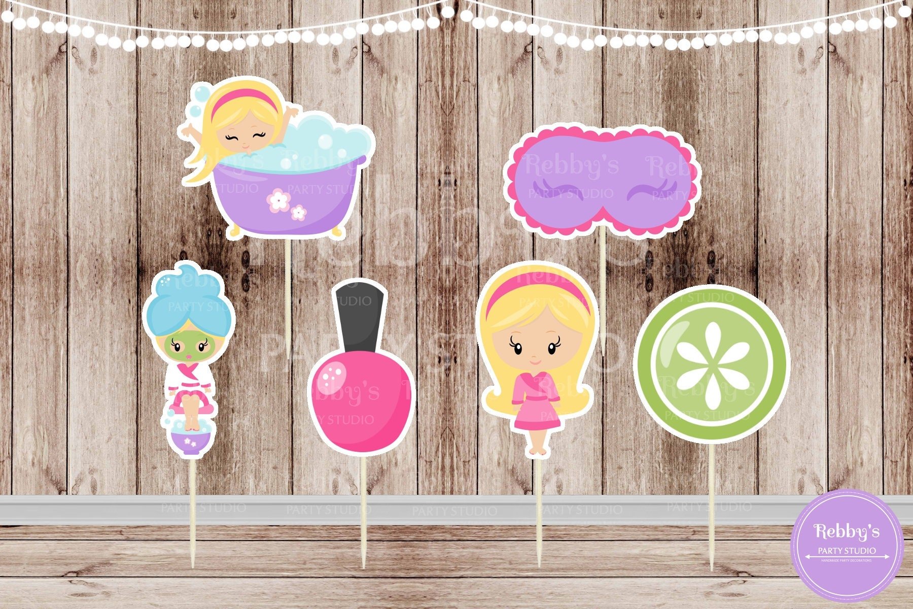 Spa Party Cupcake Toppers: Assorted Spa Girl Theme, Set of 12