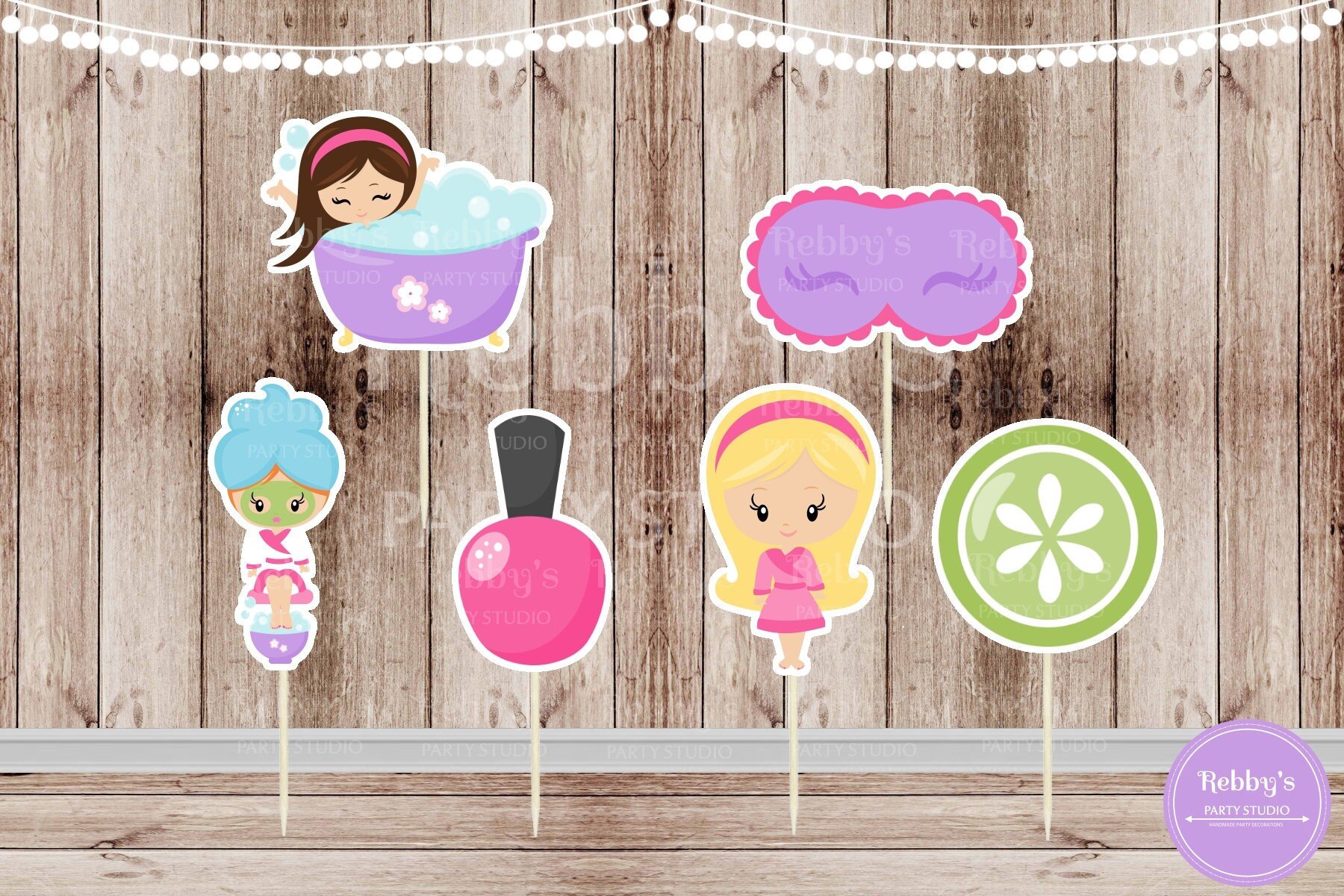 Spa Party Cupcake Toppers: Assorted Spa Girl Theme, Set of 12
