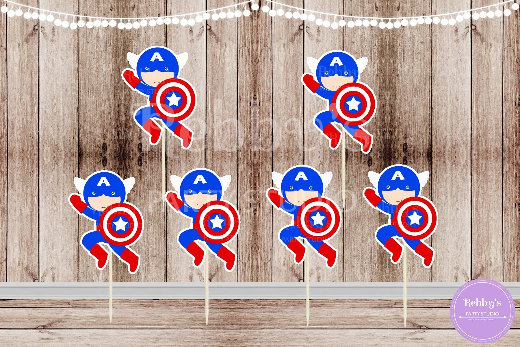 Action Superhero Boy Party - Set of 12 Captain A Cupcake Toppers