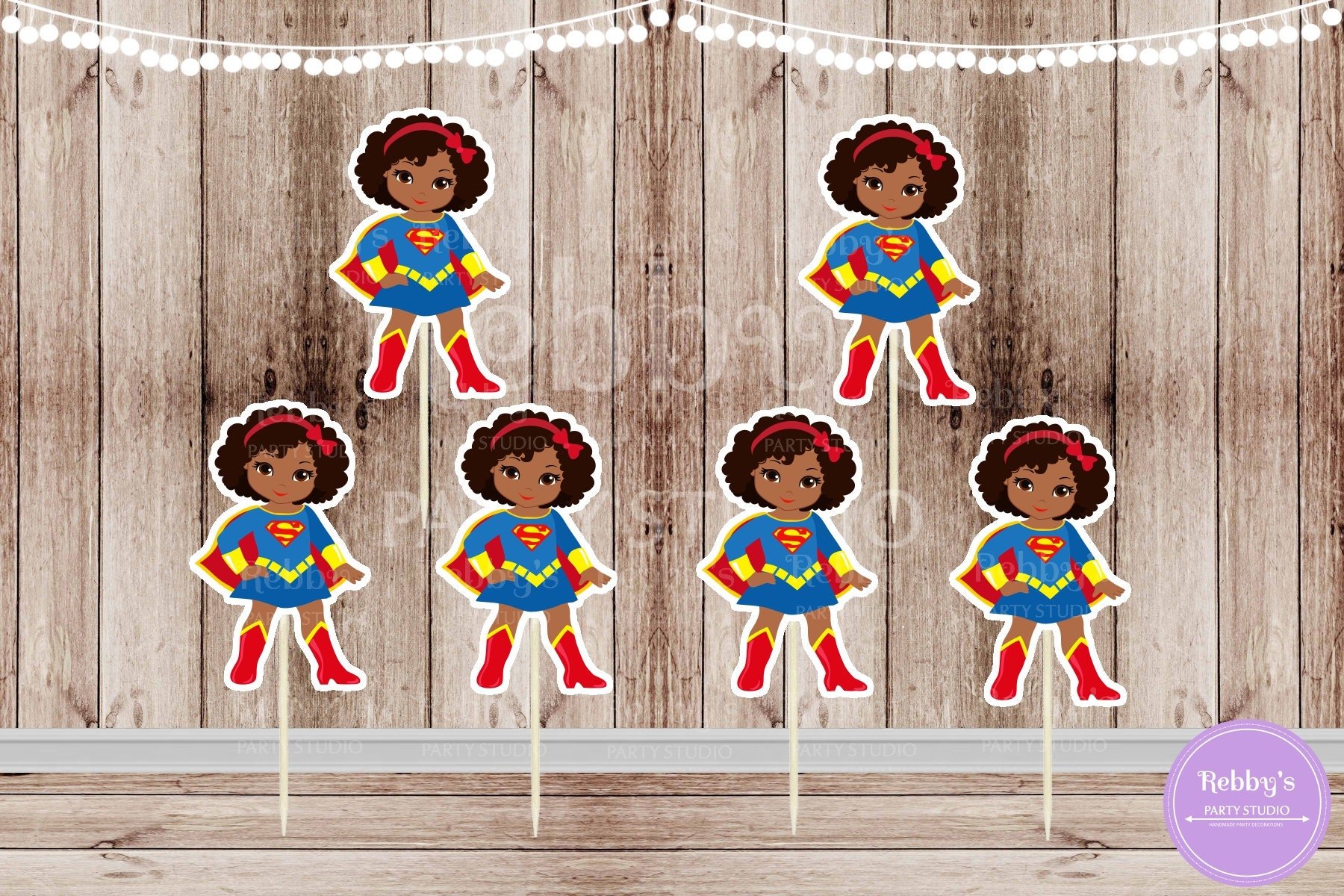 Superhero Girl Party - Set of 16 African American Supergirl Inspired Cupcake Toppers