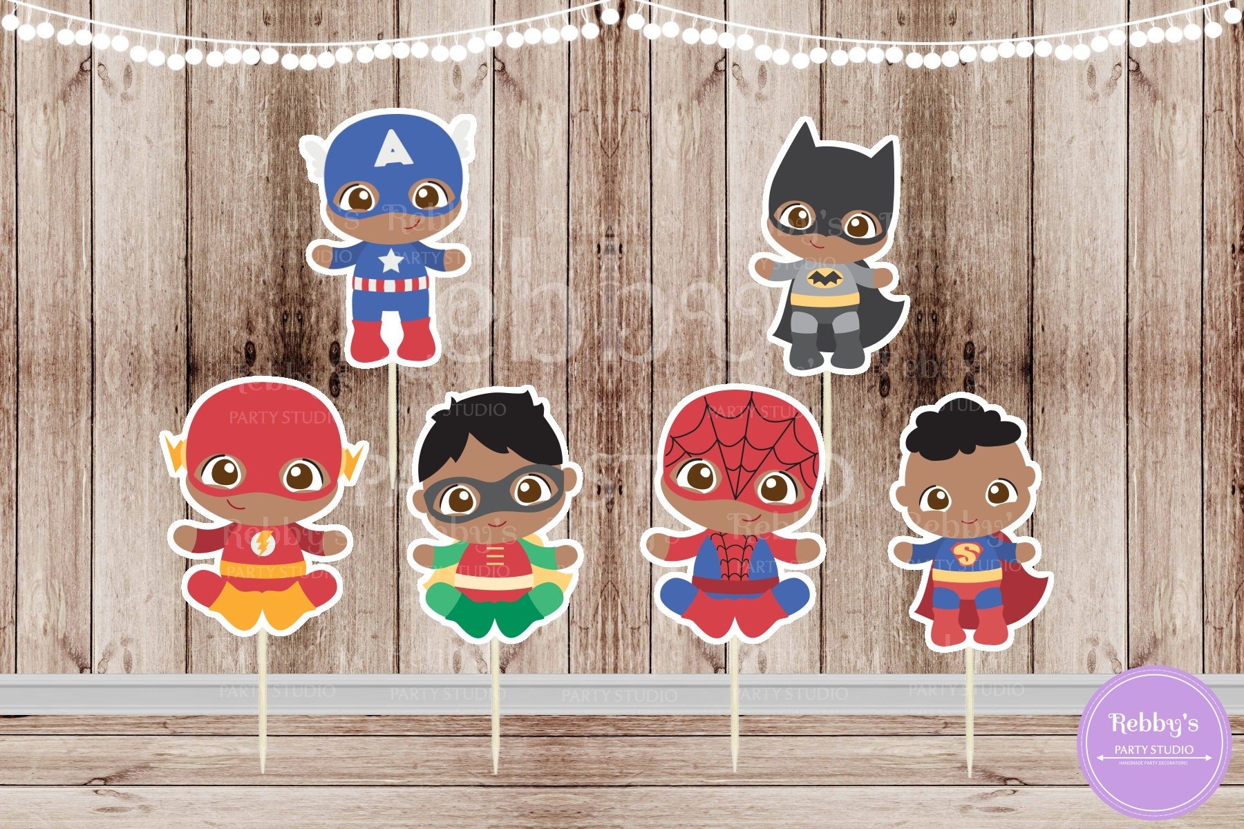 African American Baby Superhero Cupcake Toppers - Set of 12