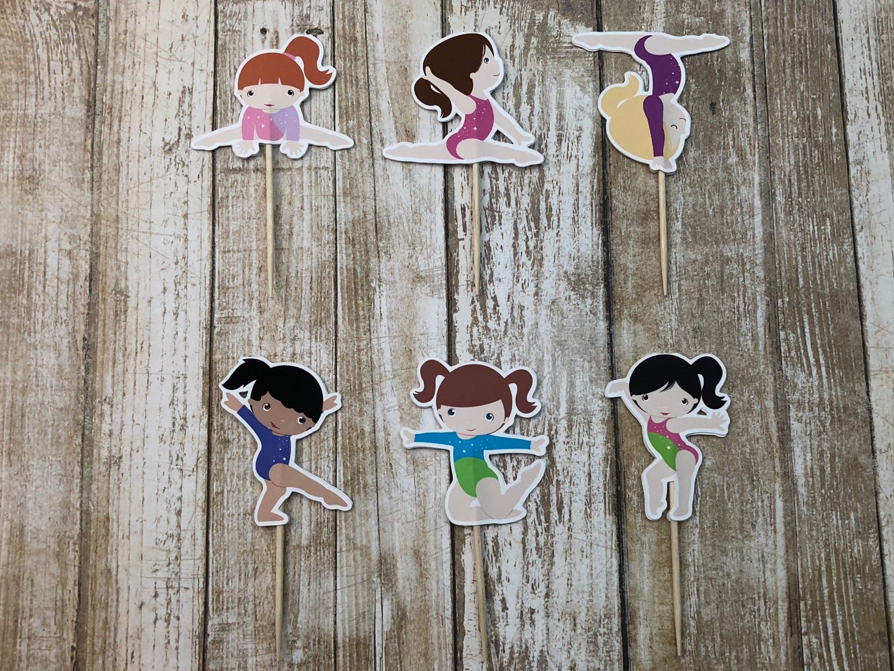 Girls Gymnastics Party - Set of 12 Assorted Girl Gymnast Cupcake Toppers