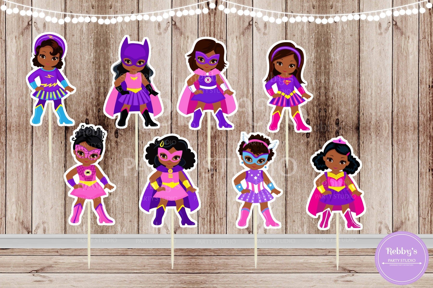 African American Superhero Girl Cupcake Toppers - Pink Party Decor (Set of 16)