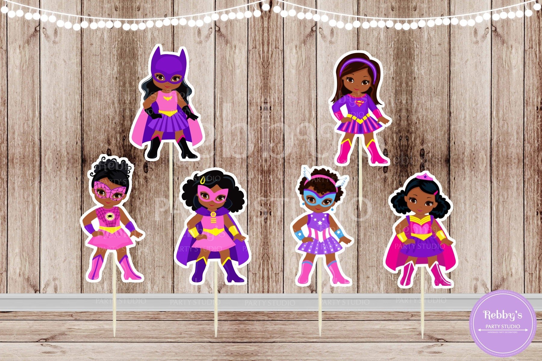 Superhero Girl Cupcake Toppers: African American Birthday Party Decor - Set of 12