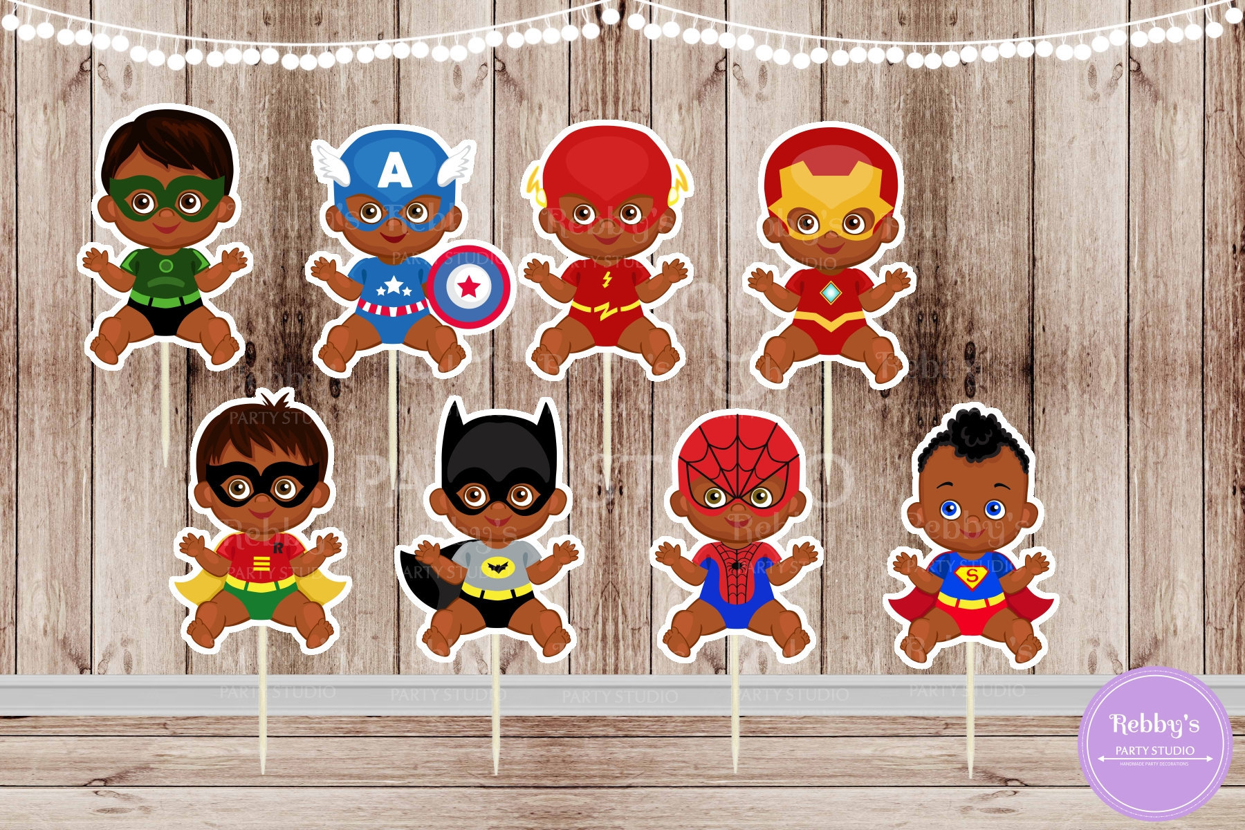 Superhero Baby Boy Cupcake Toppers: African American Theme - Set of 16