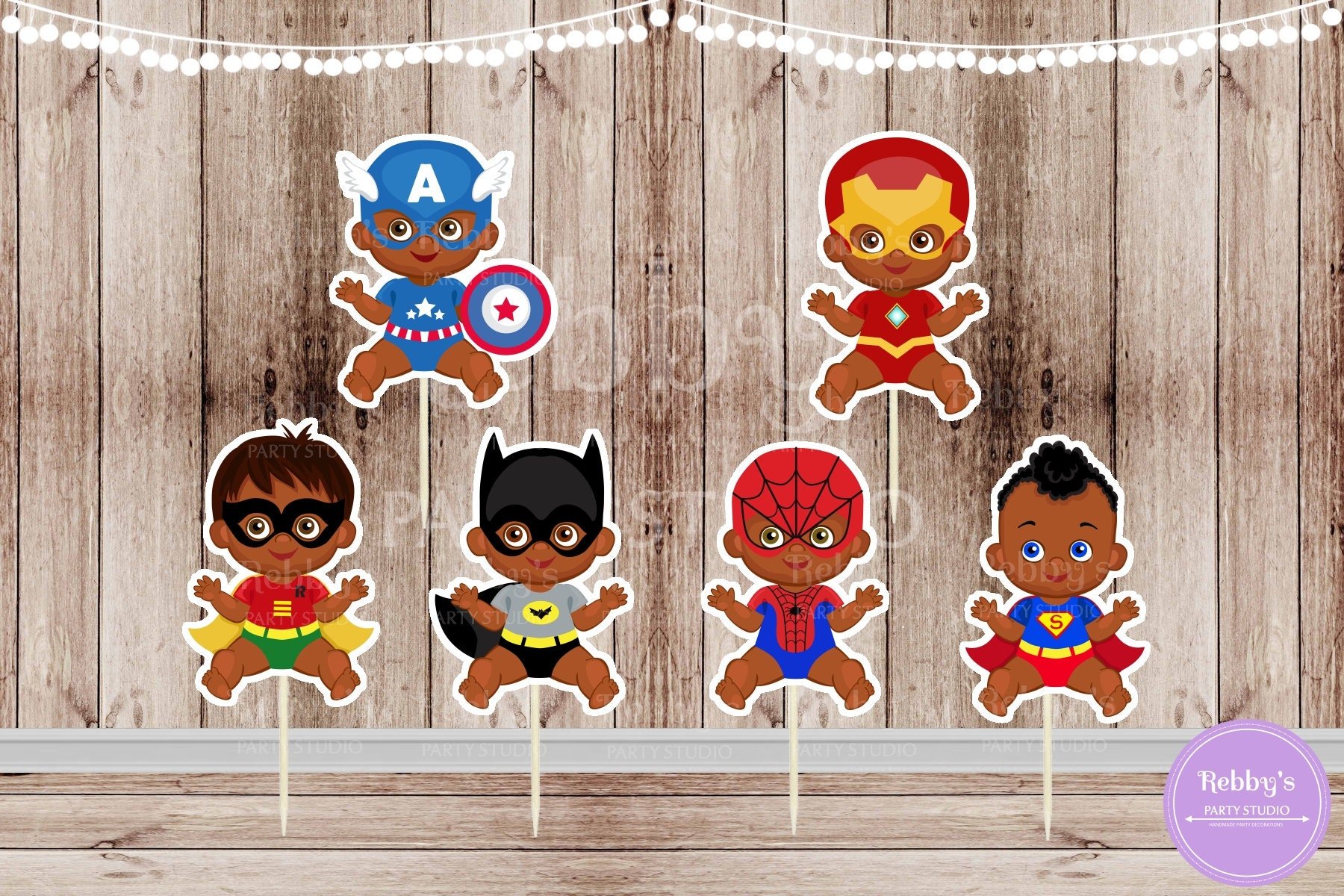 Superhero Baby Boy Cupcake Toppers: African American Party Decor (Set of 12)