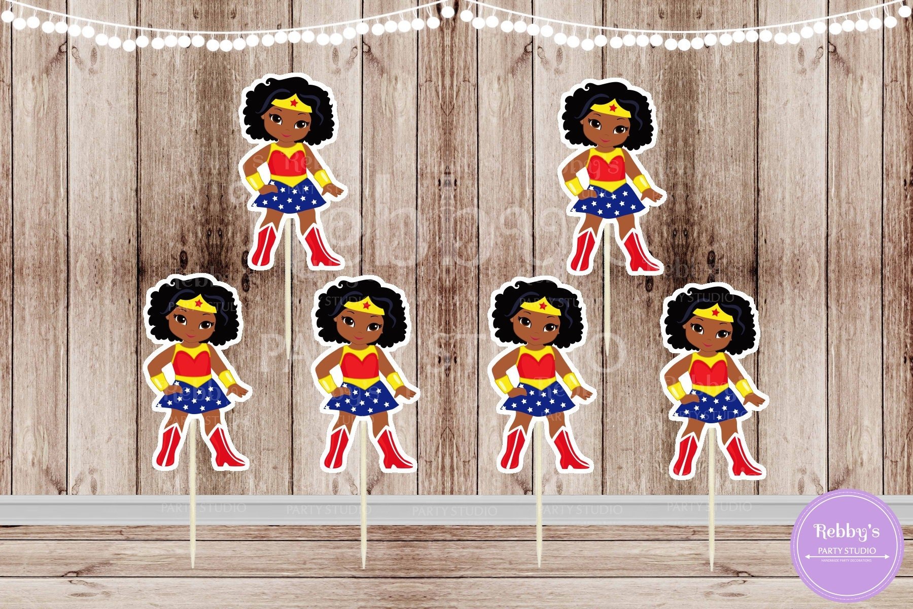 Superhero Girl Party - Set of 16 African American Wonder Girl Inspired Cupcake Toppers