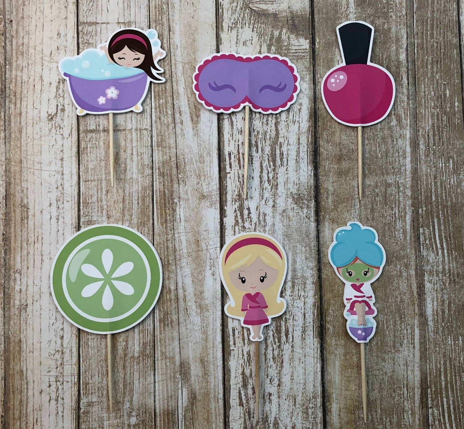 Spa Party Cupcake Toppers: Assorted Spa Girl Theme, Set of 12