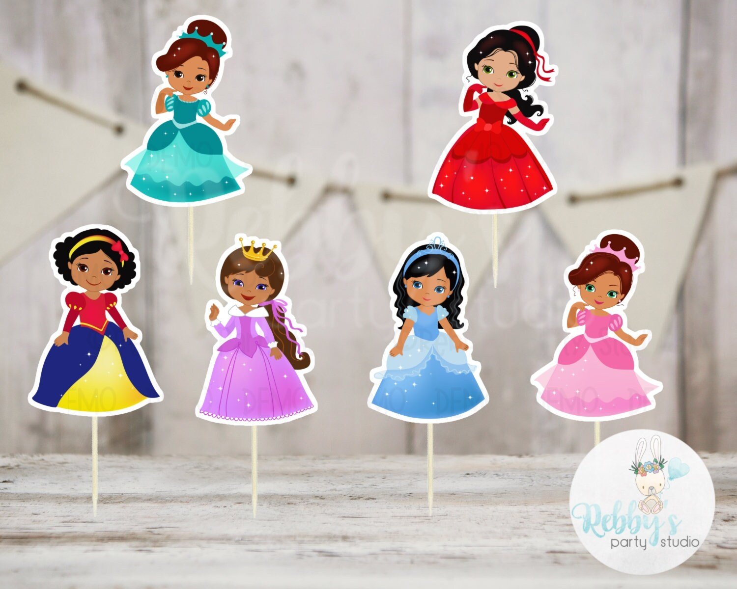 Fairy Tale Party - Set of 12 Assorted Multicultural Princess Cupcake Toppers