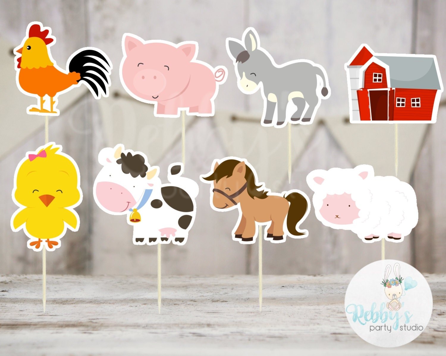 Girl Barnyard Theme Party - Set of 16 Assorted Farm Animals Cupcake Toppers #148