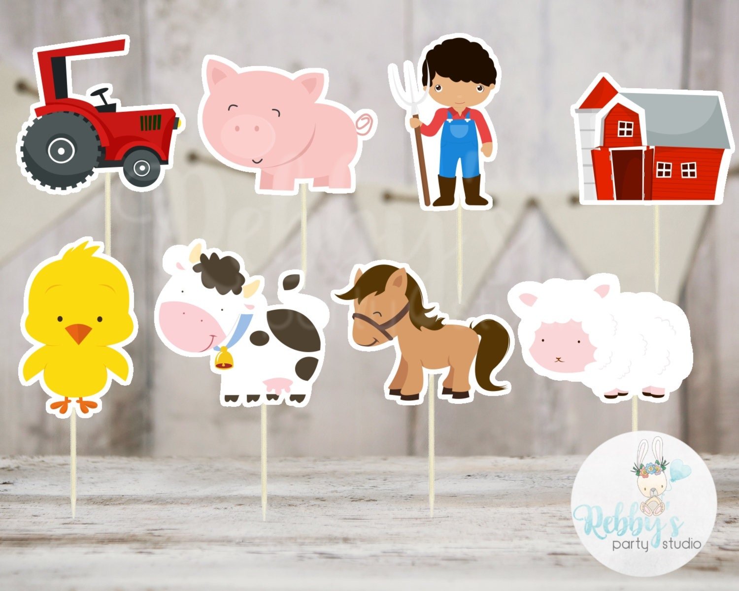 Boy Barnyard Theme Party - Set of 16 Assorted Farm Animals Cupcake Toppers #144