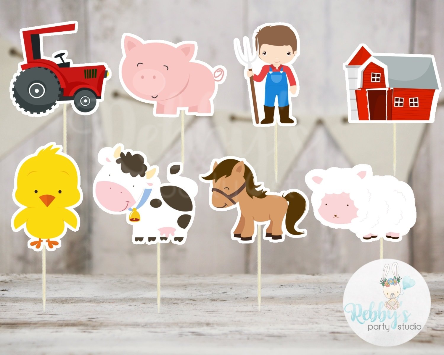 Boy Barnyard Theme Party - Set of 16 Assorted Farm Animals Cupcake Toppers #142