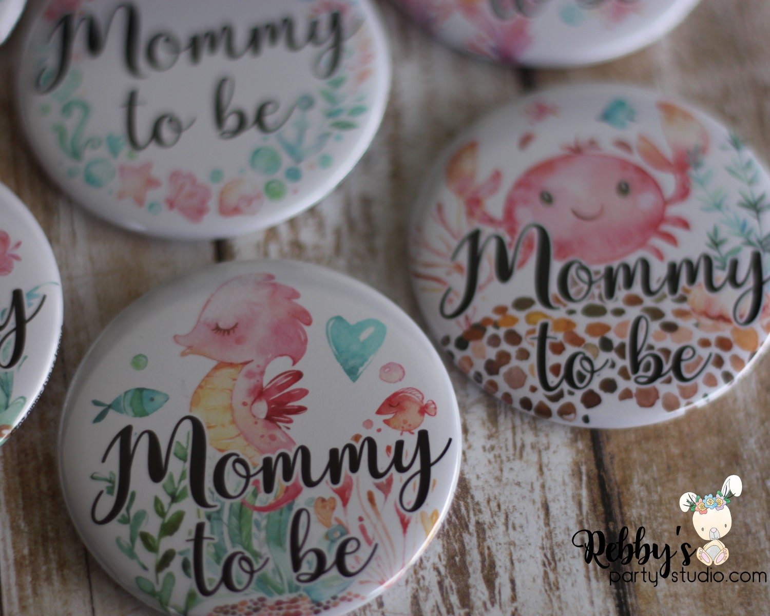Ocean Friends Baby Shower Party, Personalized Pin Buttons, Under the Sea Mermaid Friends Name Badges