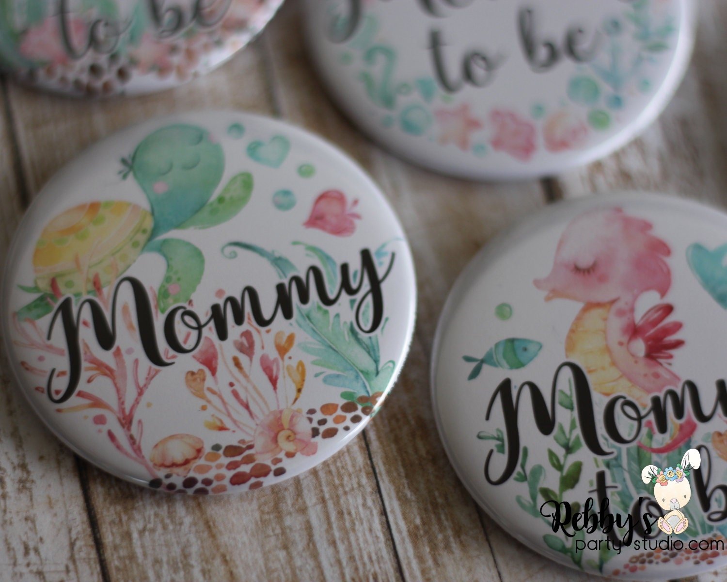 Ocean Friends Baby Shower Party, Personalized Pin Buttons, Under the Sea Mermaid Friends Name Badges
