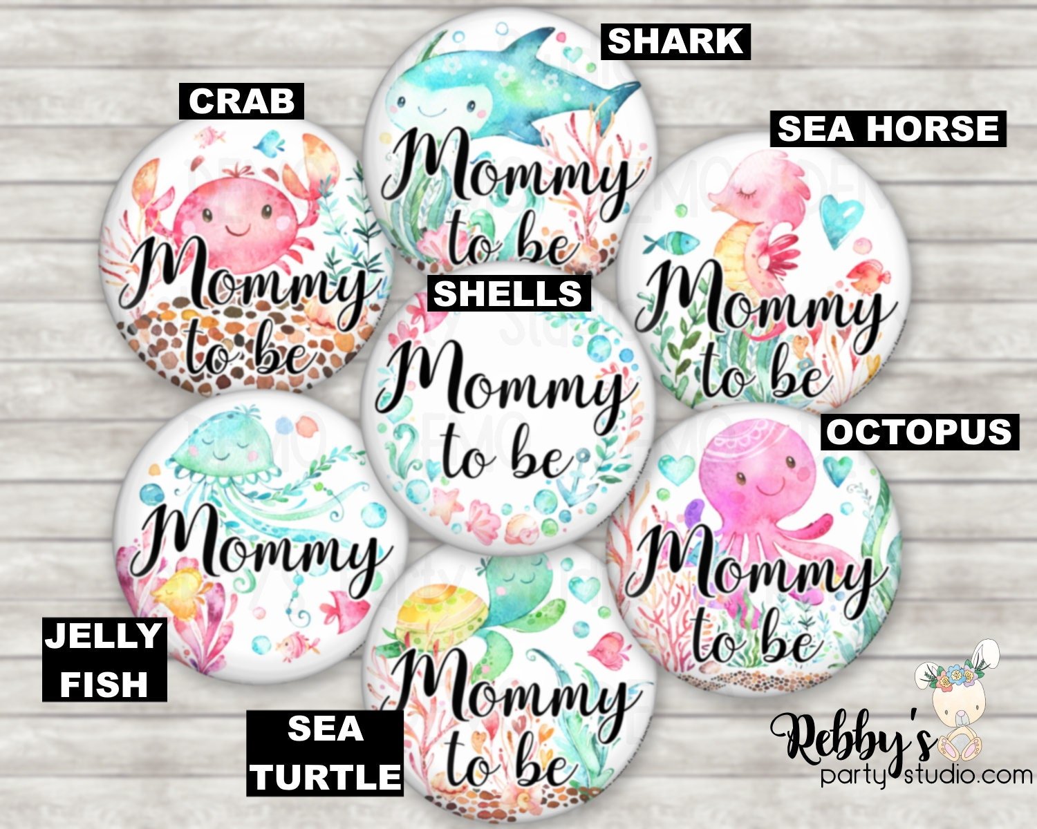 Ocean Friends Baby Shower Party, Personalized Pin Buttons, Under the Sea Mermaid Friends Name Badges