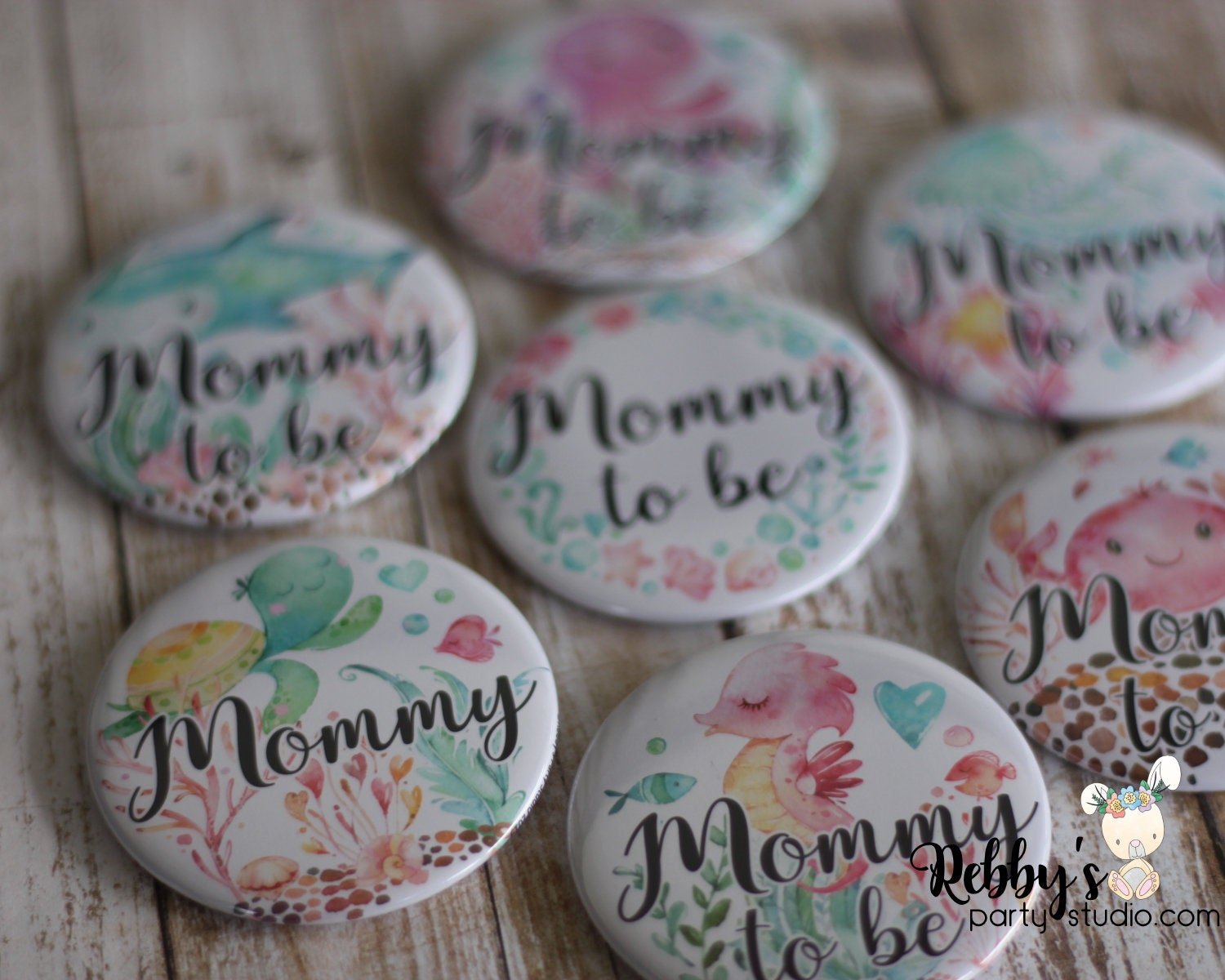 Ocean Friends Baby Shower Party, Personalized Pin Buttons, Under the Sea Mermaid Friends Name Badges