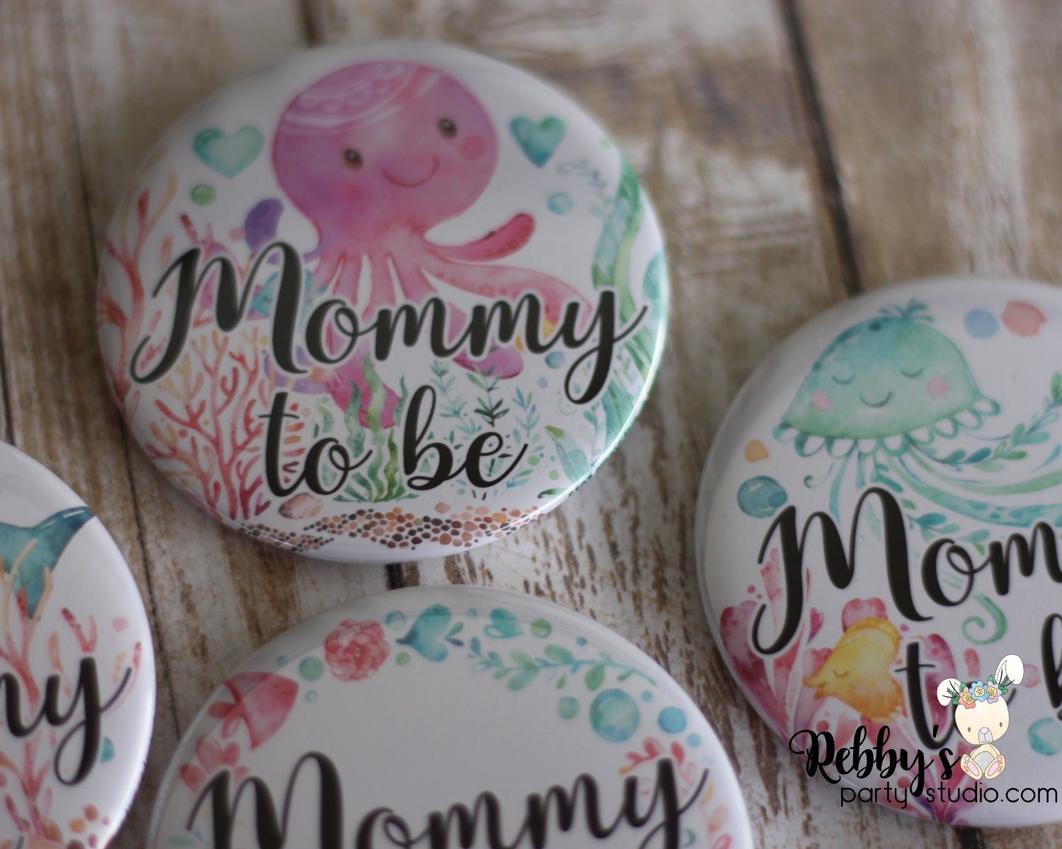 Ocean Friends Baby Shower Party, Personalized Pin Buttons, Under the Sea Mermaid Friends Name Badges
