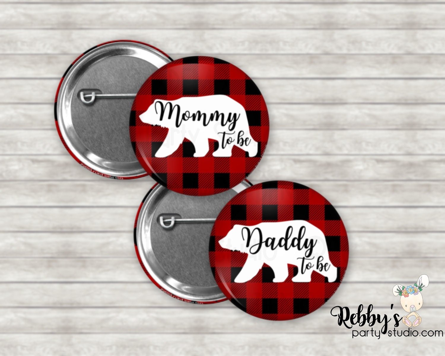 Personalized Buffalo Plaid Bear Pinback Button: Baby Shower Favor