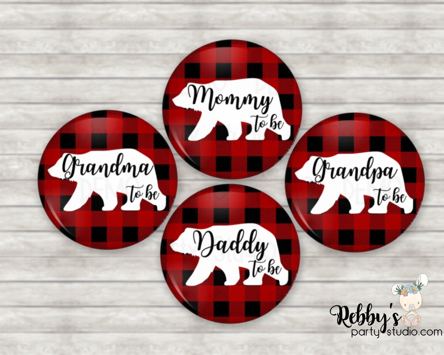 Personalized Buffalo Plaid Bear Pinback Button: Baby Shower Favor