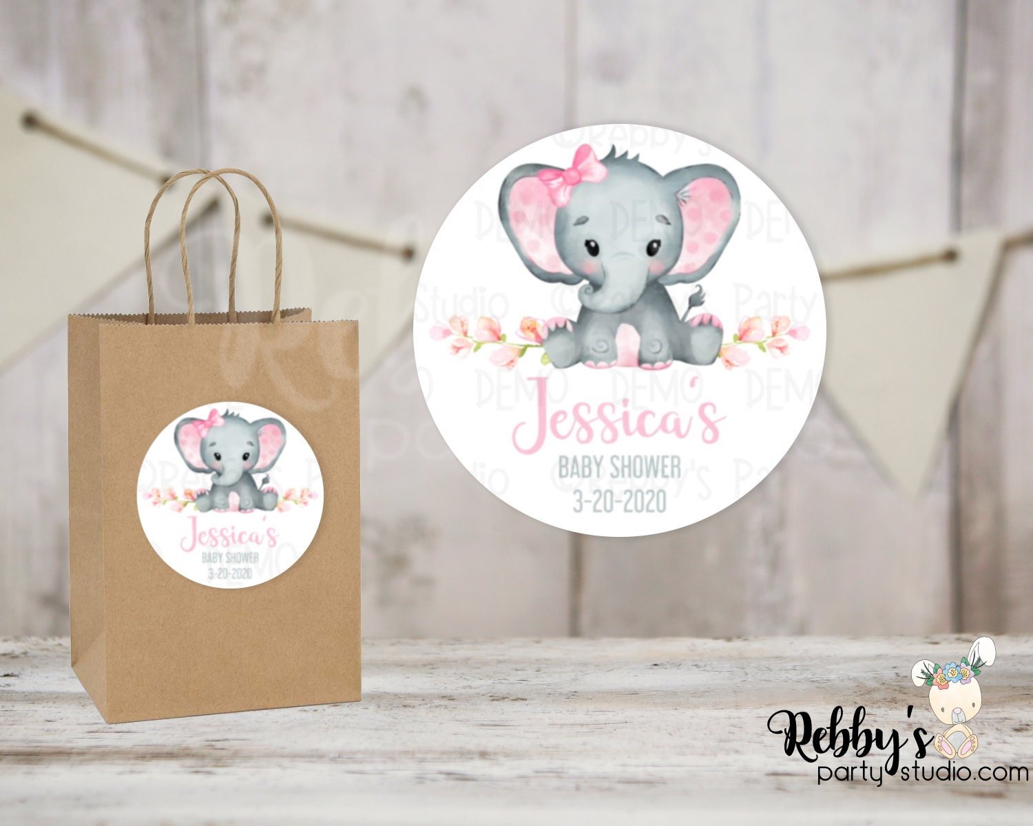 Baby Elephant Pink Baby Shower Personalized Round Sticker
