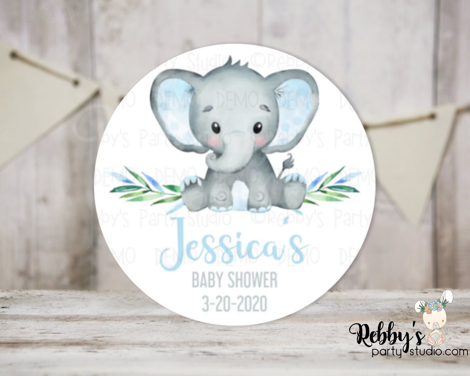 Elephant Baby Shower Blue Personalized Round Sticker