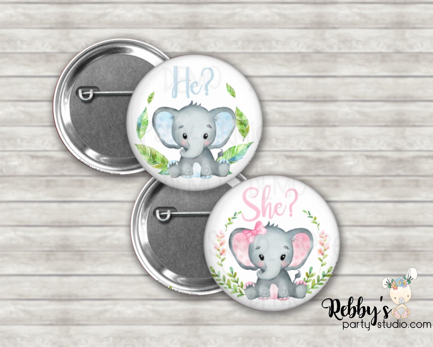 Gender Reveal Party , Elephant He or She Pinback Buttons, Elephant Baby Shower Badges