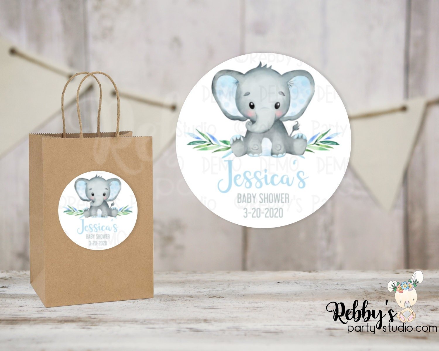 Elephant Baby Shower Blue Personalized Round Sticker