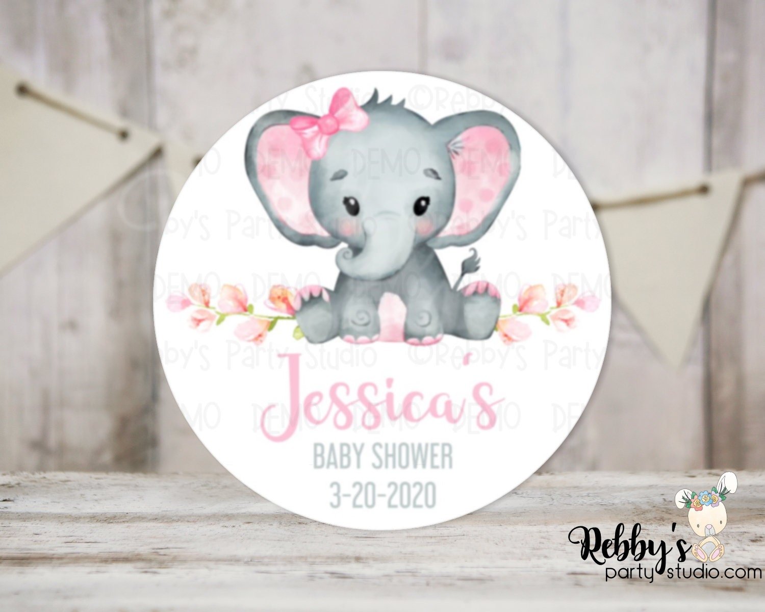 Baby Elephant Pink Baby Shower Personalized Round Sticker