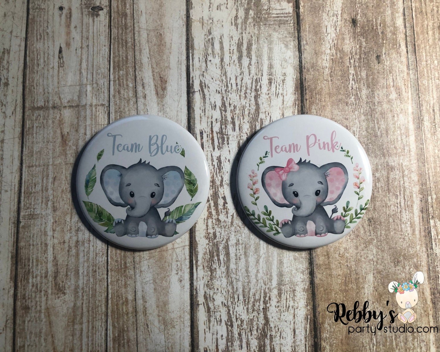 Elephant Gender Reveal Buttons | Team Blue & Team Pink Baby Shower Pins