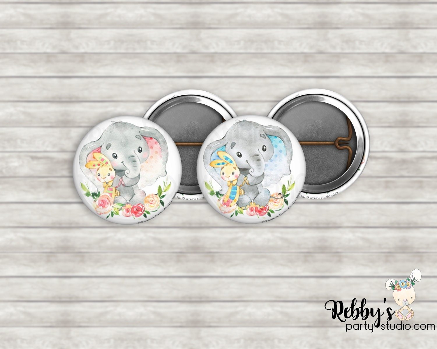 Elephant & Bunny Floral Pin Buttons – Baby Shower Party Favors (1 inch)