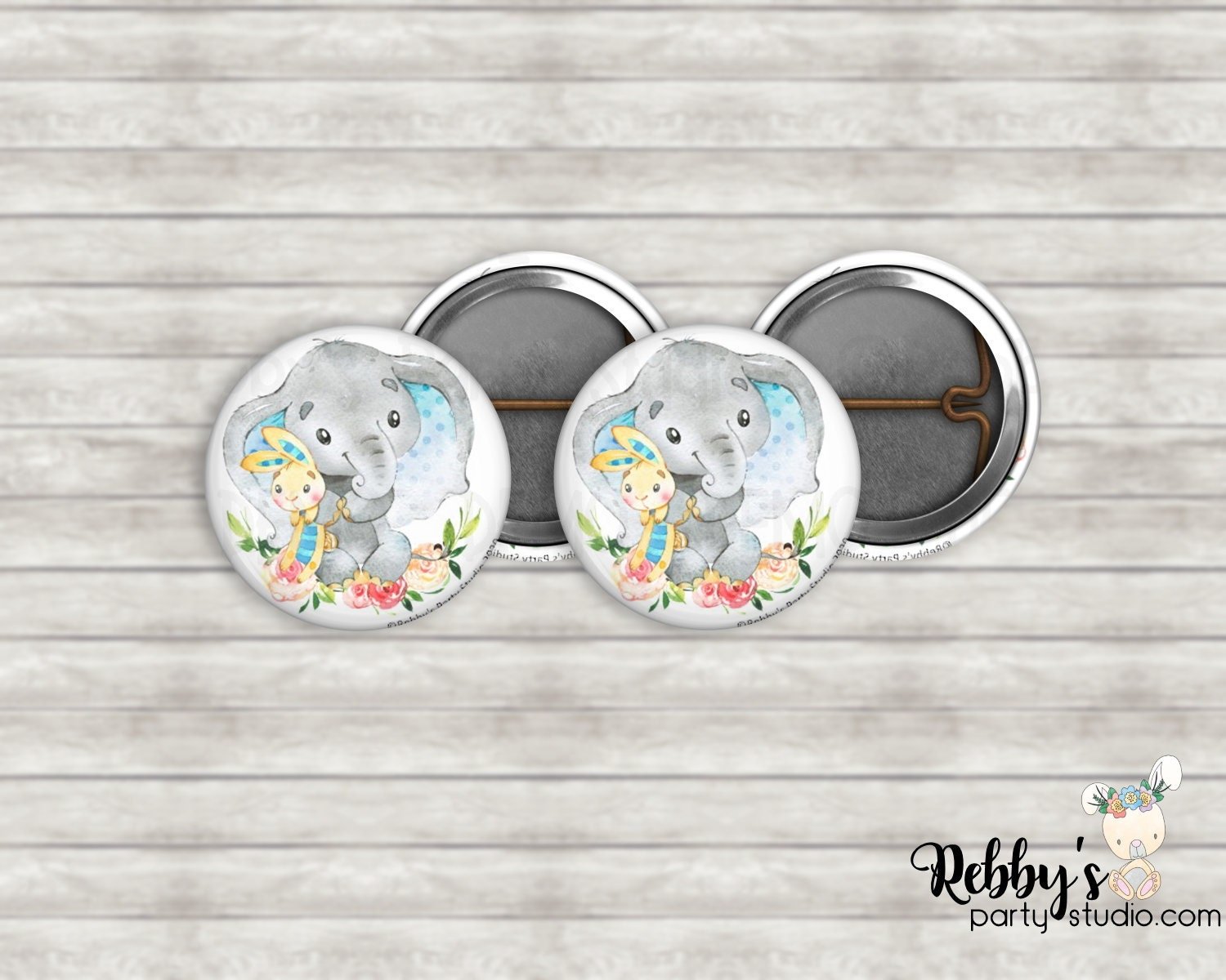 Elephant & Bunny Floral Pin Buttons – Baby Shower Party Favors (1 inch)