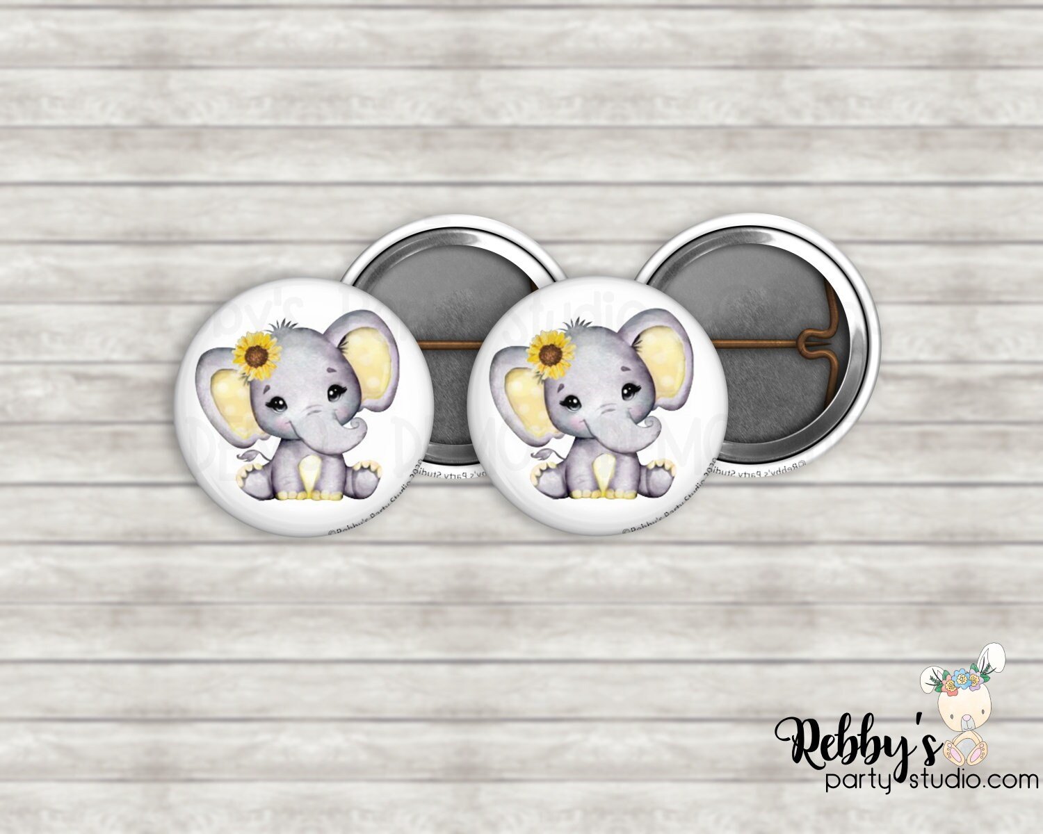 Grey Elephant Mini Pin Buttons – Yellow Ears & Sunflower Bow Party Favor Packs (1 inch)