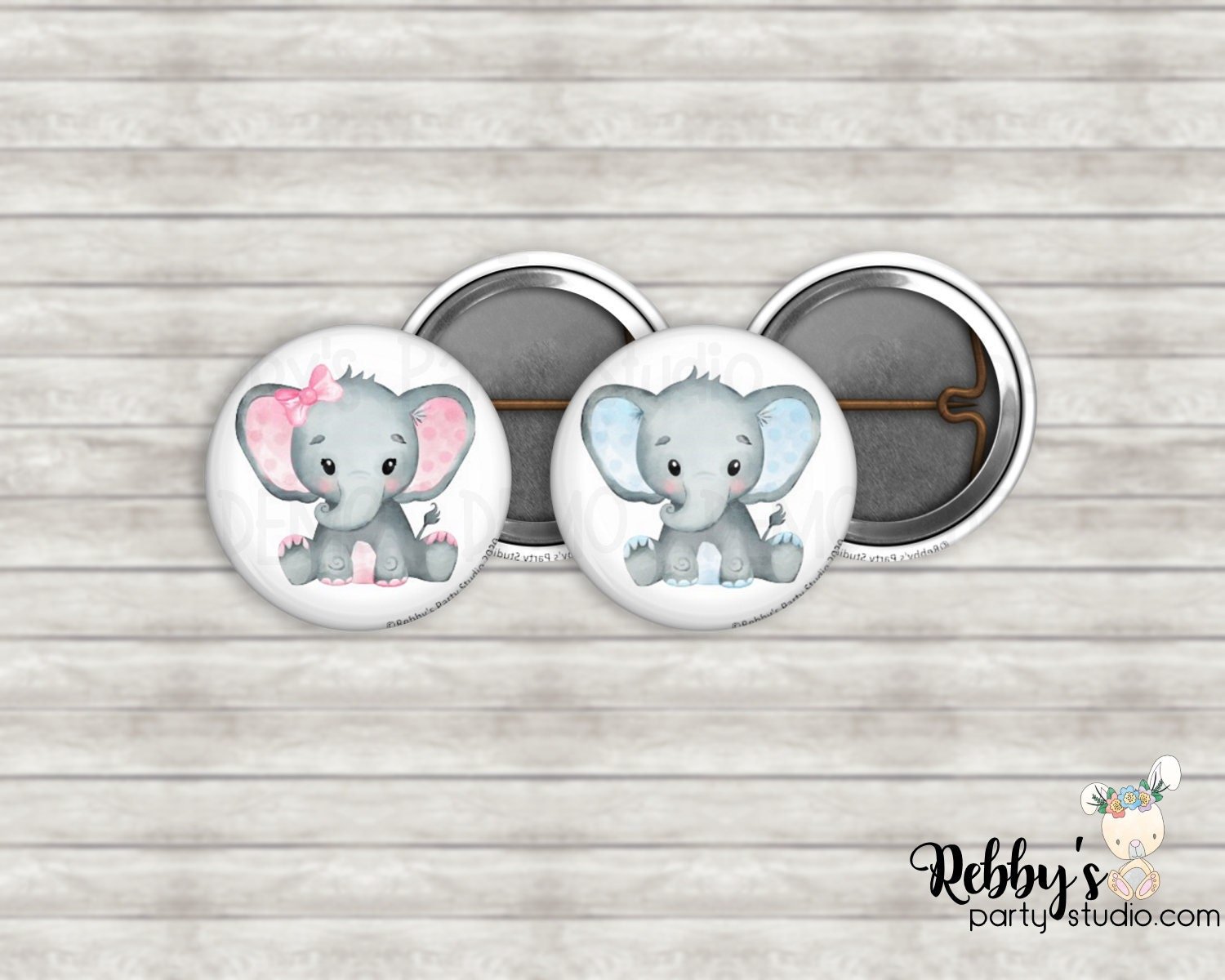 Grey Elephant Mini Pin Buttons – Pink, Blue, or Mixed Party Favor Packs (1 inch)