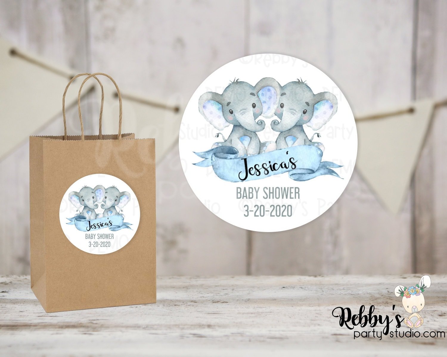 Twin Blue Baby Elephant Baby Shower Personalized Round Sticker