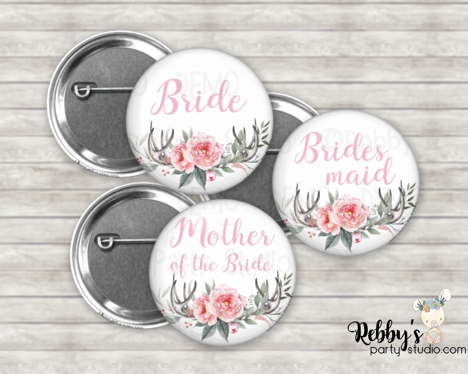 Deer Antlers Bridal Shower Pin Button: Boho Floral Party Badge