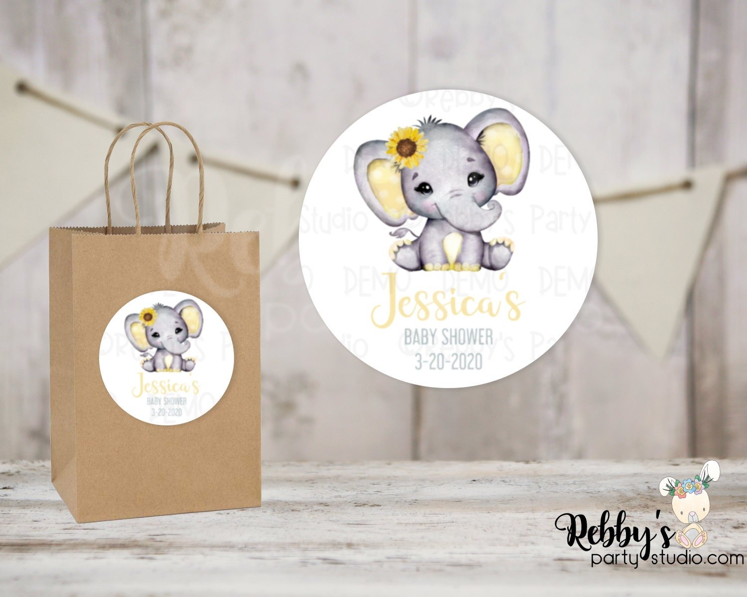 Elephant Sunflower Baby Shower Personalized Round Sticker